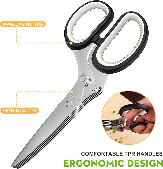 Herb Scissors with 5 Blades and Cover, Kitchen Herb Cutter with Cleaning Comb, Stainless Steel Multi Blade Herb Shears for Basil Parsley Cilantro, Easy Clean Cooking Tool, Unique Kitchen Gadgets Gift