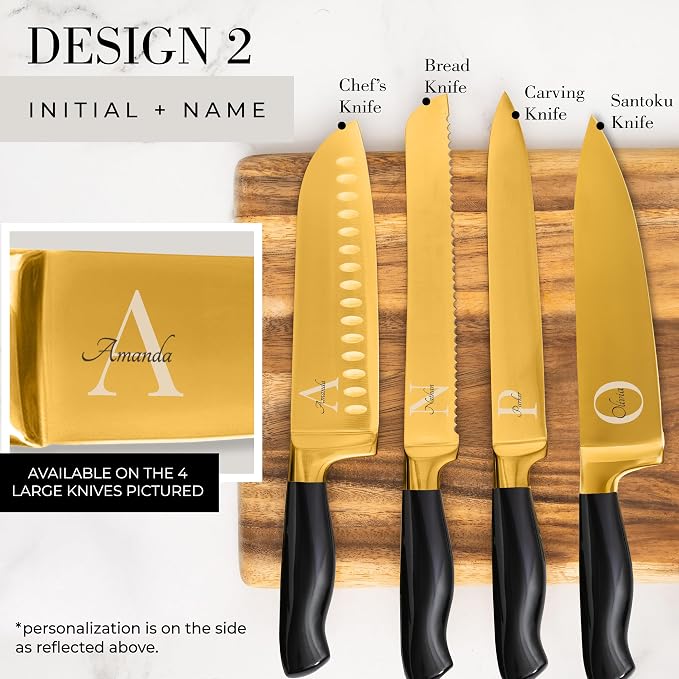 Personalized Black and Gold Knife Set with Block and Sharpener, 14-Piece | Custom Engraved Titanium-Coated Gold Knives - Full Tang, Stainless Steel, Ergonomic, Gift-Ready