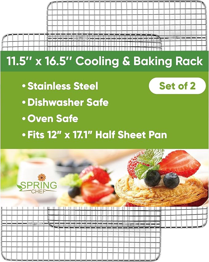 Spring Chef 11.5" x 16.5" Stainless Steel Cooling Rack for Baking, Set of 2 | Heavy Duty Grill Rack for Kitchen, Oven Safe Baking Rack, Fits Half Sheet Roasting Pan, Dishwasher Safe