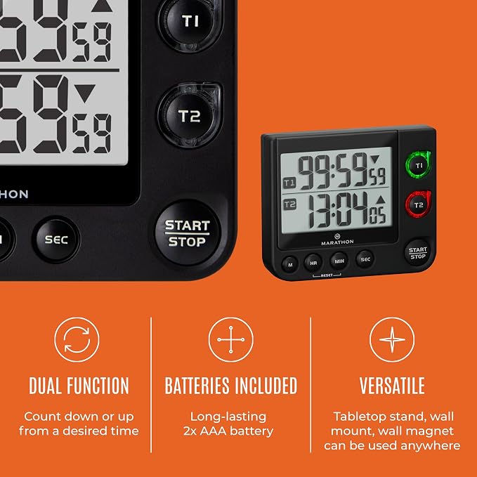 MARATHON Dual Digital Timer, 100-Hour Count Up/Down, Large Display, Black | Adjustable Alarm Volume, Flashing Visual Alert, Magnetic Back and Tabletop Stand