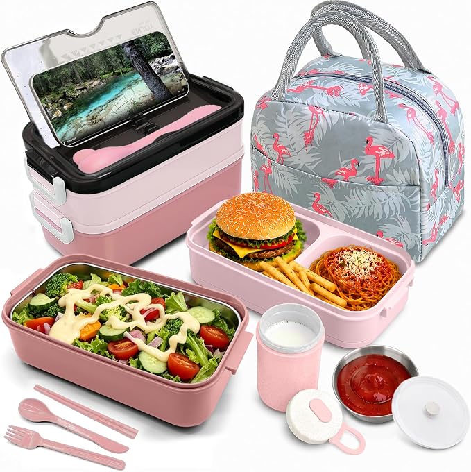 2-Tier Bento Lunch Box for Women & Adults with Insulated Lunch Bag | 50 OZ Large Capacity Bento Box with BPA-Free Utensils & Cup & Sauce Container, Leakproof, Microwave Safe for Work & Meal Prep