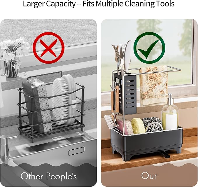MOUKABAL 2-Tier Sponge Holder for Kitchen Sink, Sink Caddy Organizer Black | Large Capacity/Stainless Steel/Drain Holes Keep Items Dry/Holds Brush & Dishcloth/Side Hooks/Kitchen Counter Organizer