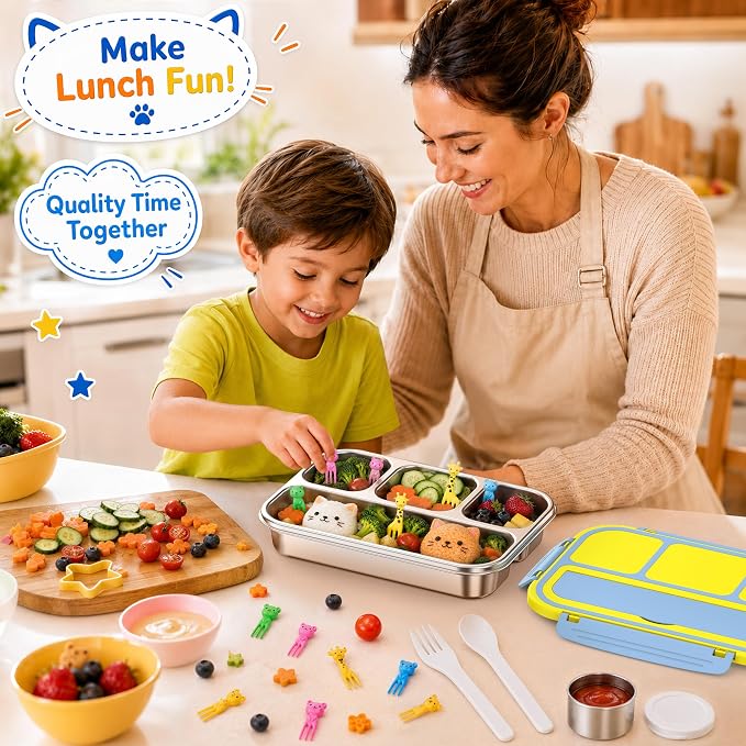 Stainless Steel Bento Lunch Box for Kids Adult, Metal Lunch Box Containers for Boys Girls School, 4 Compartment Leak Proof Lunch Containers with Sauce Cup, Fork and Spoon & Fruit Picks, Yellow Blue