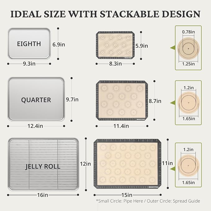 BRONYPRO 18/8 Stainless Steel Baking Sheet Set (3 Pans + 3 Mats+ 1 Rack) | Uncoated Cookie Sheets Non Toxic -PFOA & PTFE Free,Trays with Wire Rack & Macaron Silicone Mats, 9/12/16 Inch