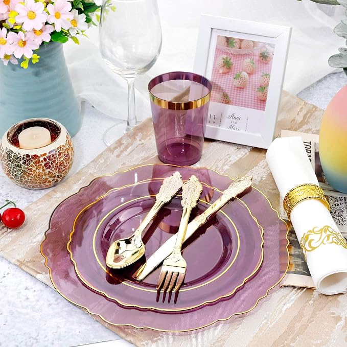 KIRE 210Pcs Purple Plastic Plates with Gold Rim& Silverware &Cups&Hand Napkin - Baroque Clear Plastic Dinnerware for Upscale Wedding/Parties Plates | Include 60pcs Clear Purple and Gold Plates, 30pcs Plastic Silverware, 30pcs Napkins and 30pcs Cups Ser...