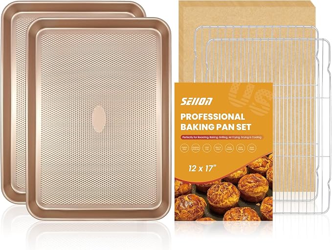 2 Pack Baking Sheets with 2 Wire Racks & 50 Pre-Cut Parchment Papers | Heavy Duty Nonstick Cookie Pans (17.5"x11.8") | Warp-Resistant Oven Roasting Set for Meal Prep & Holiday Gifts