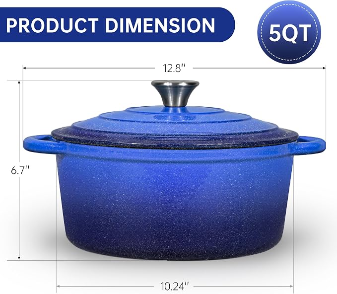 5 QT Enameled Cast Iron Dutch Oven Pot with Lid & Gold Powder | Dutch Oven for Sourdough Bread Baking, Braising, Stews, Roasting, Oven Safe up to 500° F, Blue Kitchen Cookware with Handls