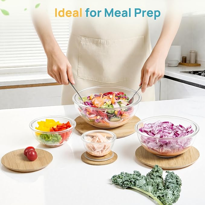 Vtopmart 5 Pack Glass Mixing Bowls with Bamboo Lids, Nesting Set | Kitchen Bowls for Mixing, Meal Prep, Serving & Baking, Space-Saving Nesting Design with Microwave and Dishwasher Safe Glass