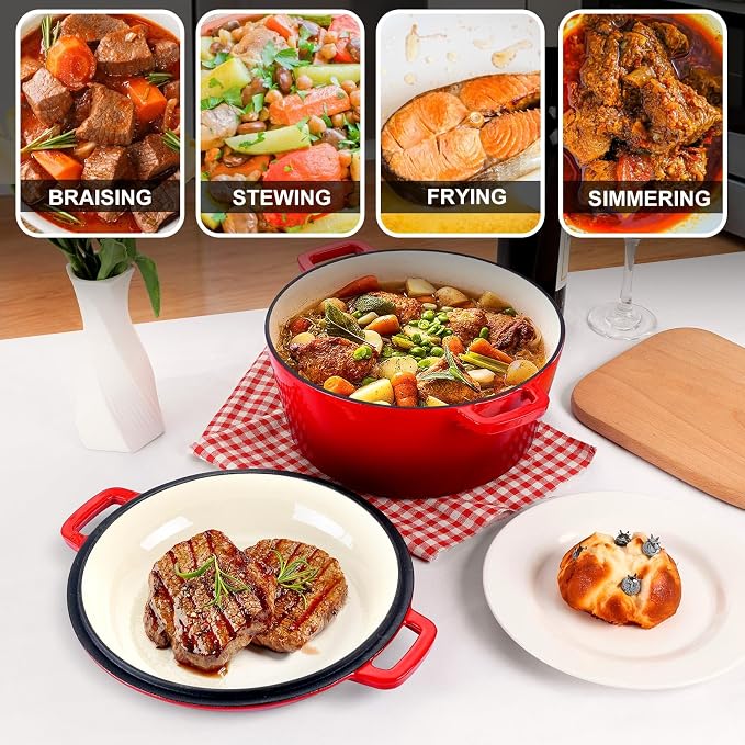 P&P CHEF 2 In 1 Red Dutch Oven Pot with Lid for Bread Baking, 5Qt | Cast Iron Bread Dutch Oven, Skillet & Pot for Roasting Braising Stewing Frying Simmering, Multi Stoves & Oven Safe