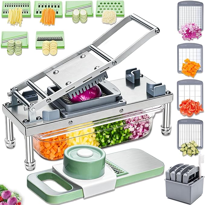 Vegetable Chopper Veggie Cutter Onion Food Potato Dicer with Container | Stainless Steel Construction, Fruit Potato Salad Dicer, Dishwasher Safety, Easy Cleaning, Safety Hand Guards
