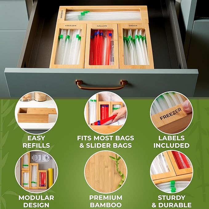 Bamboo Storage Bag Organizer for Drawer, 4 Blocks – Plastic Bag Organizer | Modular Kitchen Organization, Quick Refill – Fits Gallon, Quart, Sandwich & Snack Size Bags