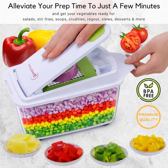 Brieftons QuickPush Manual Vegetable Chopper: 8-Cup Push-Down Onion Dicer & Food Chopper, 3 German Steel Blades, BPA-Free Container with Keep-Fresh Lid and Cleaning Comb - Manual, Dishwasher Safe