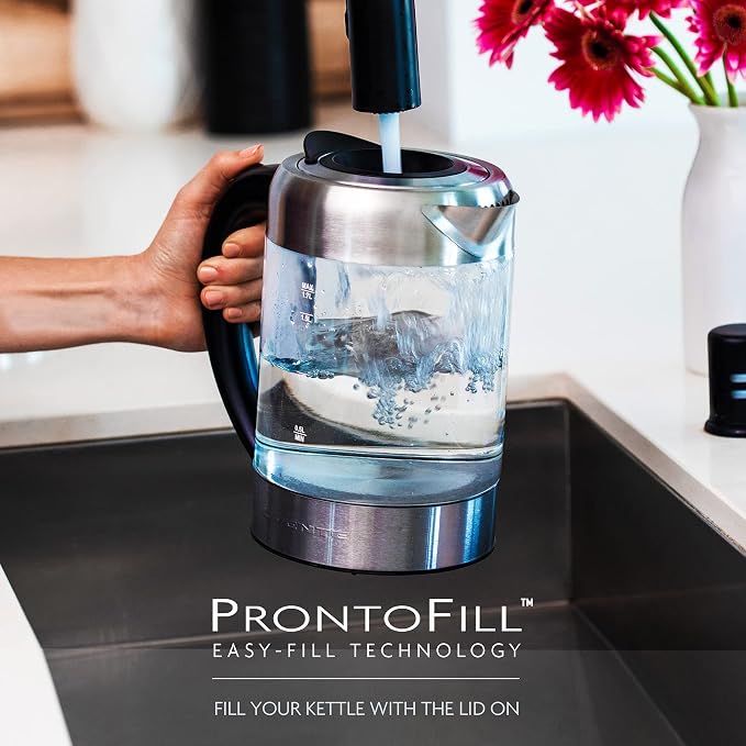 OVENTE 1.7L Glass Electric Kettle Water Boiler, Silver KG612S | 1500W Fast Boiling, Easy Fill Lid, Borosilicate Glass, Blue LED Light, BPA-Free, Auto Shut-Off, Boil-Dry Protection