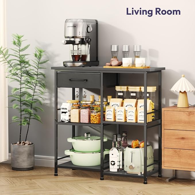 SWTYMIKI Bakers Rack with Storage - Coffee Bar Cabinet Organizer, Coffee Station for Kitchen Dining Room, Microwave Stand with Adjustable Feet, Black