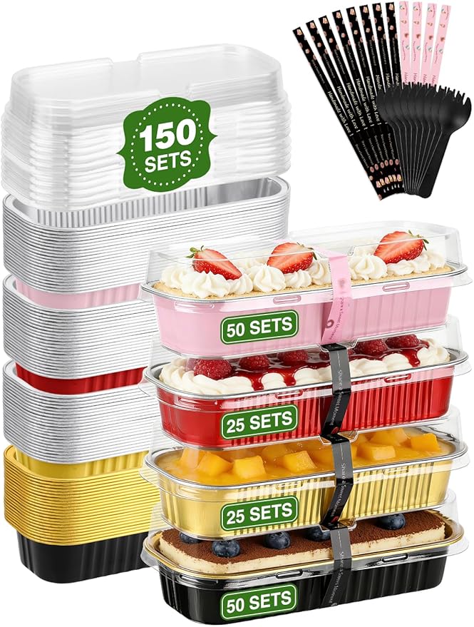 NEEBAKE 150 Pack 6.8 oz Disposable Mini Loaf Pans with Lids and Spoons - 6.5x2.5x1.2 Mixed Color Aluminum Loaf Pans, Small Aluminum Tin Foil Baking Pan, Food Containers for Baking, Cakes, Bread