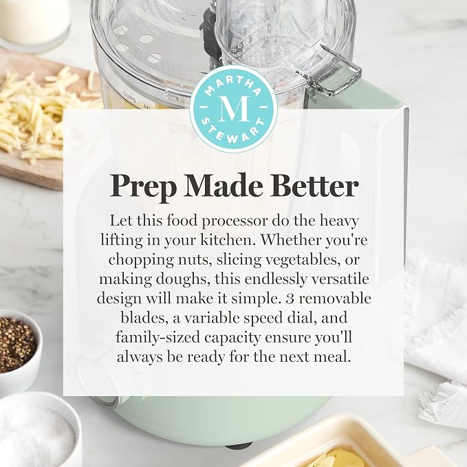 Martha Stewart 10 Cup Food Processor & Electric Chopper, One Touch Pulse | BPA-Free Bowl, 3 Multipurpose Blades, Easy Food Prep, Chop, Slice, Shred, Puree, Emulsify, Speed Dial, Wide Feed Chute, Sage