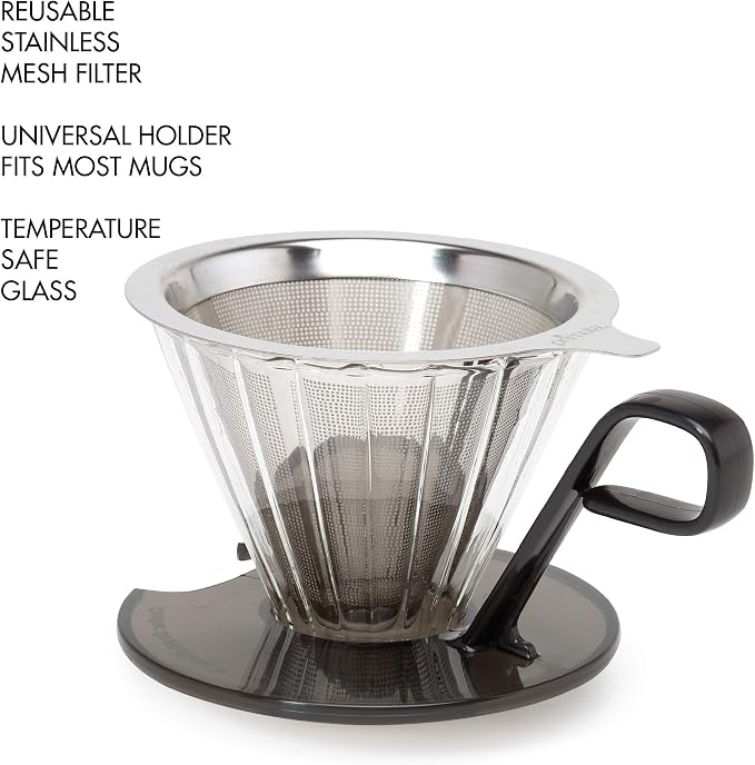 Primula Seneca Pour Over Coffee Maker Removable Ultra Fine Micro Mesh Stainless Steel Filter, 4.8 x 4.8 x 4.8 inches, Black