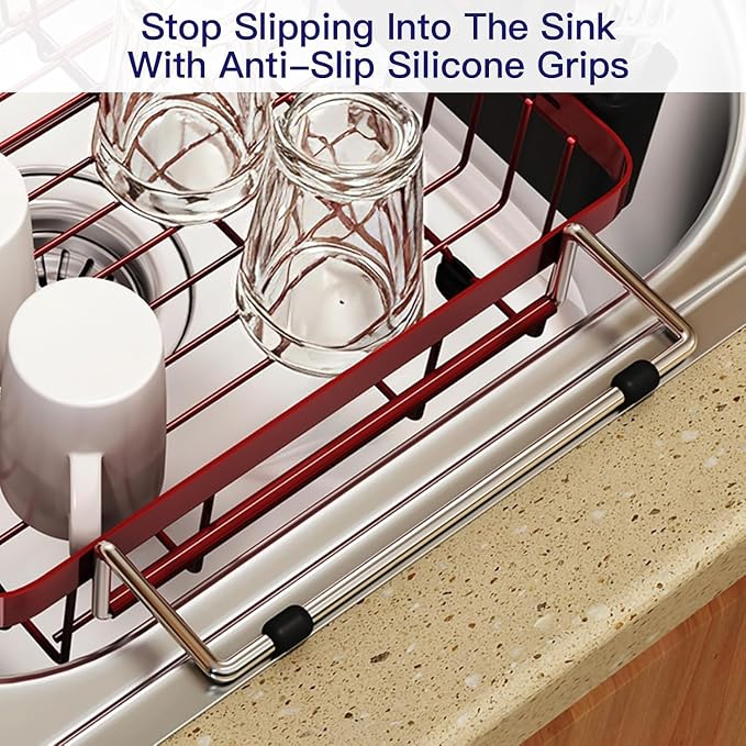 Red Dish Drying Rack Over The Sink with Utensil Holder, Mat | Expandable Stainless Steel Dish Drainer for Small Kitchen, Apartment, RV, Counter Space Saving, Perfect Fit, Rustproof