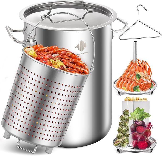 ARC 32QT Stainless Steel Stock pot 6-Piece For Seafood Boil Pot with Basket | Turkey Fryer Pot with Strainer-Steamer Rack-Divider-Lift Hook-Tube-Cookware for Crawfish Crab Shrimp Lobster Boiling, Tamale