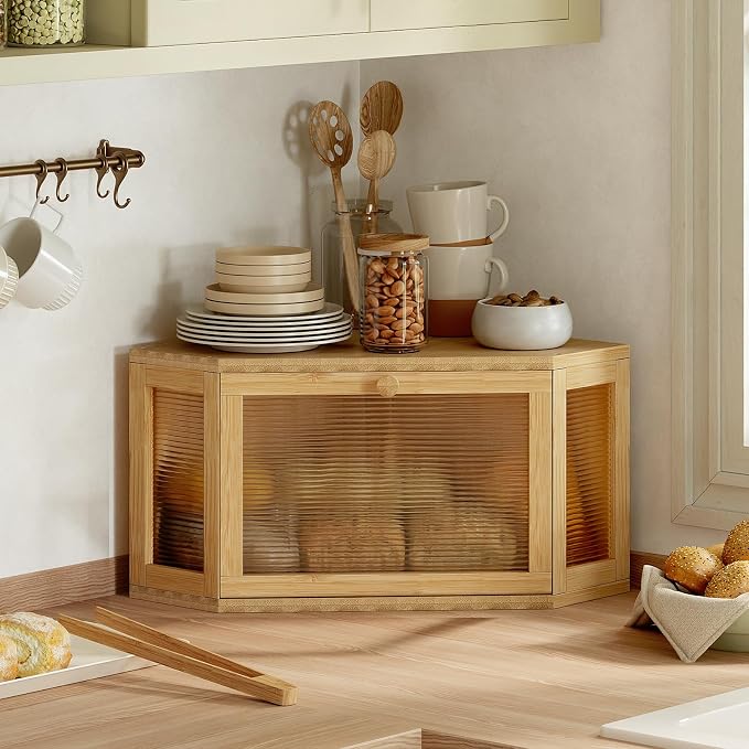 WOWLIVE Corner Bread Box, Bamboo Bread Storage with Acrylic Wavy Door | Breadbox for Kitchen Countertop, Large Farmhouse Bread Holder for Homemade Bread, Multi-functional Container, Natural