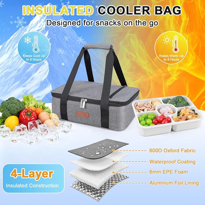 Snackle Box Container with Ice Pack & Insulated Bag - Chilled Snack Tray for Veggie Fruit Snack, Portable Divided Charcuterie with Leak-Proof Clear Lid, Dishwasher Safe, 6+Hrs Cooling