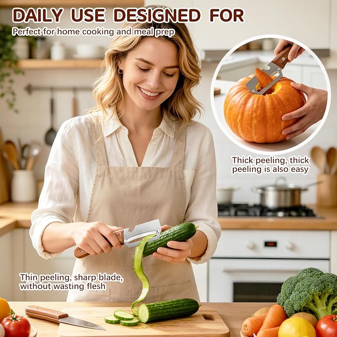 Left & Right Hand Vegetable Peeler Set with Bottle Opener, Thickened Stainless Steel Wide Blade for Smooth Peeling, Wooden Handle Kitchen Peeler for Fruits & Vegetables