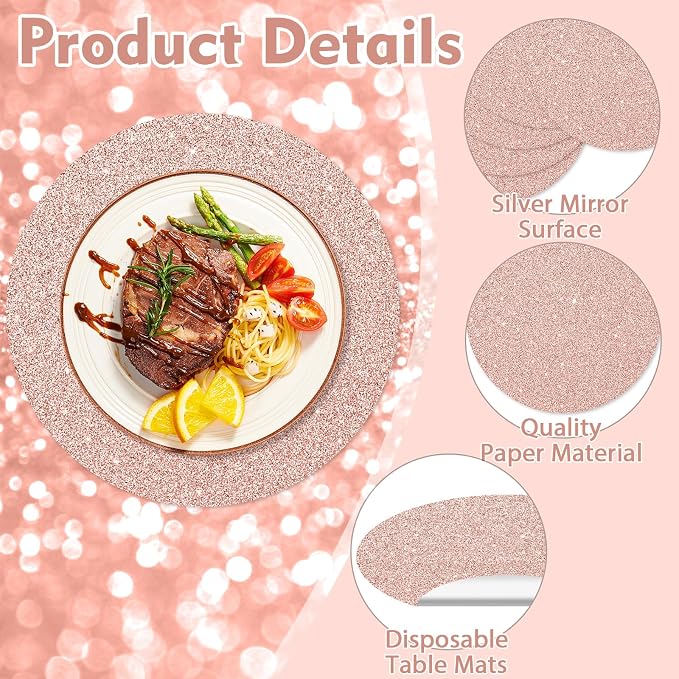 Tarklanda 100PCS Rose Gold Paper Placemats Disposable 13.4 Inch Round Glitter Paper Place Mat Decorative Shiny Table Mat for Birthday Wedding Holiday Party Sparkle Table Decor