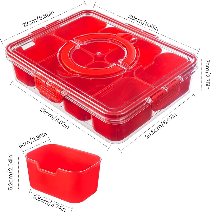 Dingerjar Divided Serving Tray with Lid and Handle - Snackle Box Charcuterie Container for Portable Snack Platters Organizer for Candy, Fruits, Nuts, Snacks - Perfect for Party, Entertaining, Red