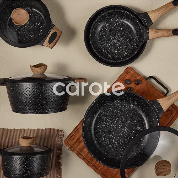 CAROTE 26pcs Nonstick Pots and Pans Set, Cookware Sets | Induction Kitchen Set, Durable, Innovative Surface Texture, Fit All Stovetops, Fast & Even Heating, with Stockpot & Steamer