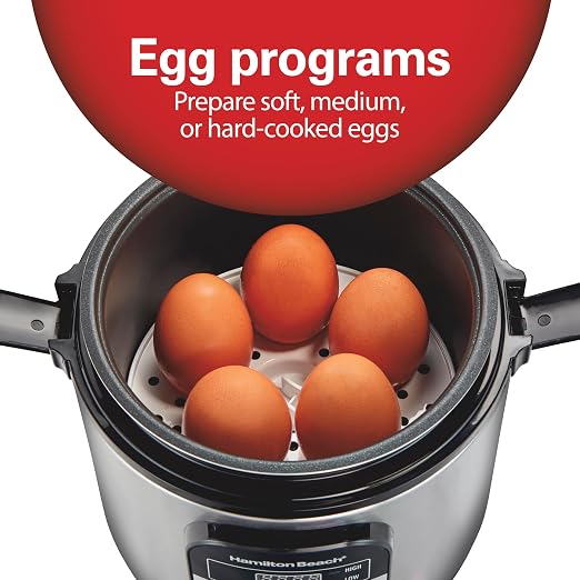 Hamilton Beach Digital Programmable Rice Cooker & Food Steamer, with Slow Hard-Boiled Egg Functions, Egg/Steam Tray, Small & Compact, 6 Cups Cooked (3 Uncooked), Stainless Steel (37524) | 6 Cups Cooked (3 Uncooked) | Slow Cooker & Hard-Boiled Egg Setti...