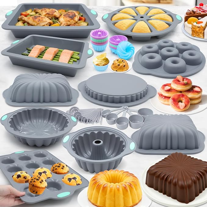 51 Piece Silicone Baking Pan Set, Non-Stick Bakeware Set with Baking Pans, Reusable Donut Mold, Food-Grade Silicone Molds for Cakes, Cookies, Muffins, Bread, Light Grey