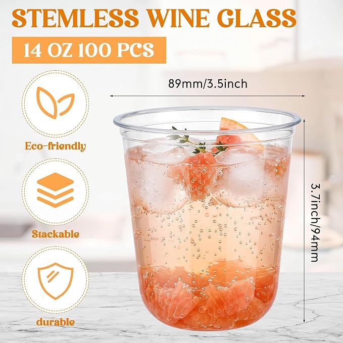Ziliny 100 Pcs 14oz Plastic Stemless Wine Glasses Disposable, Clear | Plastic Wine Glasses for Parties Weddings Birthdays, Cocktail Drinking Cups, Round Bowl, Bulk Event Supplies