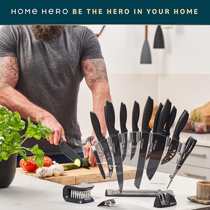 Home Hero Kitchen Knife Set - High Carbon Stainless Steel Blades & Built-In Sharpener - Ergonomic Handles & Cutlery Block Storage - Precision Cooking Prep with Chef Knife - 20 Pc, Black | High Carbon Stainless Steel Knife Set with Block - Built-In Shar...
