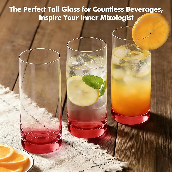 Red Highball Glasses Set of 6, Drinking Glass for Mixed Drink | 13oz ,Cups for Cocktail, Beer, Mojito, Water and Juice,Thick Tall Glassware for Kitchen, Restaurant, Home Bar and Parties
