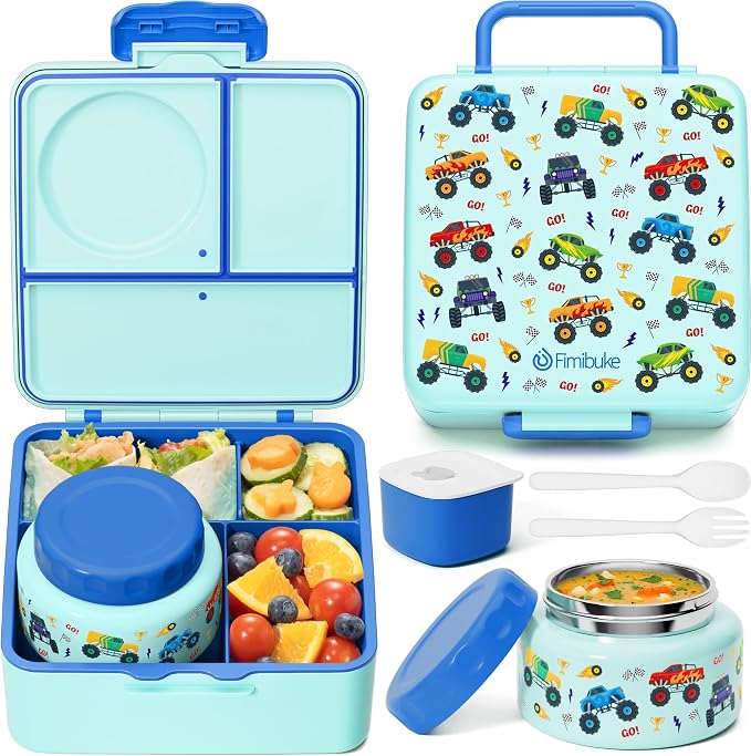 Fimibuke Bento Box for Kids Adults, BPA Free Toddler Lunch Box with Thermo | w/ 8.5oz Insulated Food Jar Utensils & Sauce Jar, Leakproof Dishwasher Safe 3 or 4 Compartment Container for School Girl Boys