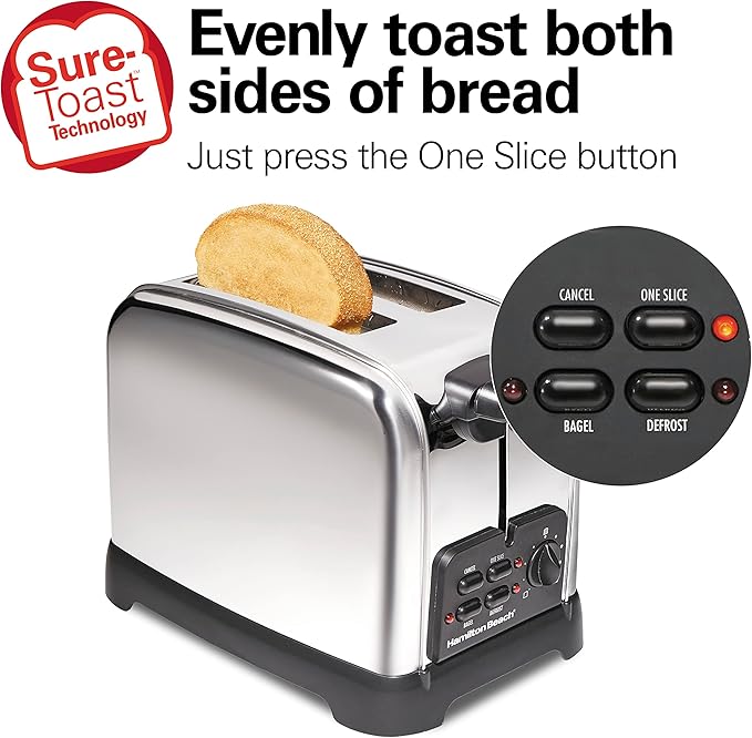 Hamilton Beach Retro 2 Slice Toaster With Sure-Toast Technology, Wide Slots | Browning Control With 9 Shades | Auto Shutoff | Bagel, Defrost, Cancel | Toast Boost | Polished Stainless Steel | 22782