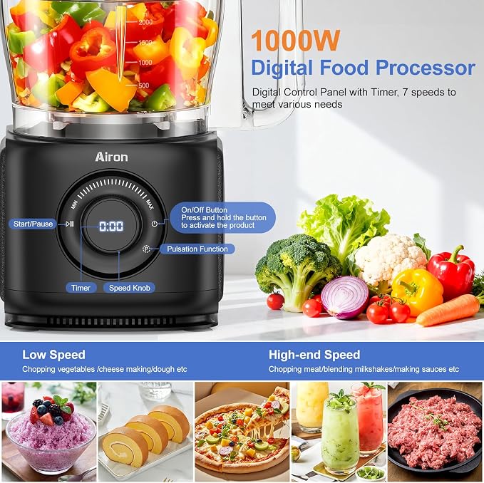 7-in-1 Professional Food Processor, 1000W Powerful Electric Vegetable Chopper, 14-Cup XL Bowl, Large Feed Chute, Cheese Shredding, Meat Chopping, Shredding and Slicing, Mixing and Doughing, Black