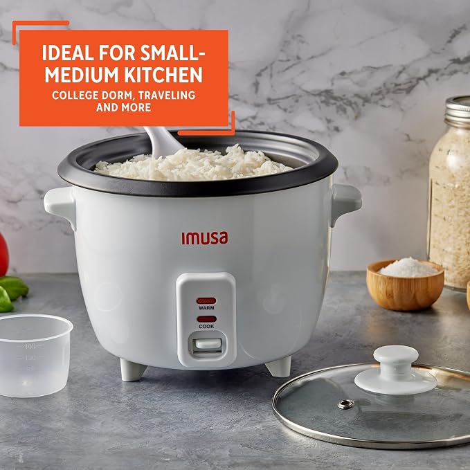 IMUSA 3 Cup Electric Ceramic Rice Cooker, White | For Rice Quinoa Oatmeal Stew, Compact for Dorms RVs Small Kitchens