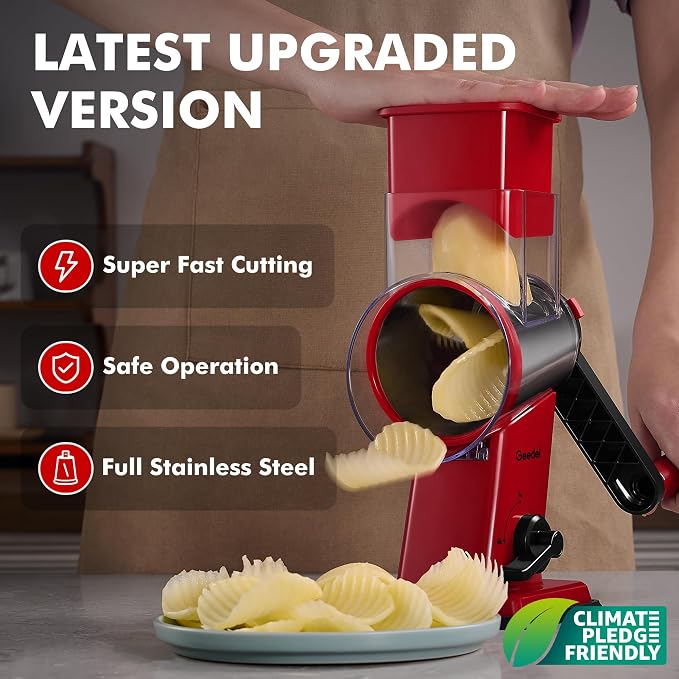 Geedel Upgraded Rotary Cheese Grater Hand Crank, Vegetable Shredder Slicer | 4 Blades, Stronger Suction Base, Wider Chute, 18x Faster Cutting, No BPA, Stainless Steel, for Cheese, Veggies, Nut