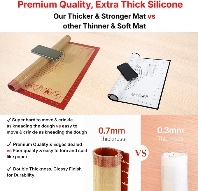 Silicone Pastry Mat with Measurements, 26 x 16 Inch Extra Thick Non-Slip Nonstick Large Baking Mat for Dough Rolling, Kneading, Fondant and Pie, Red