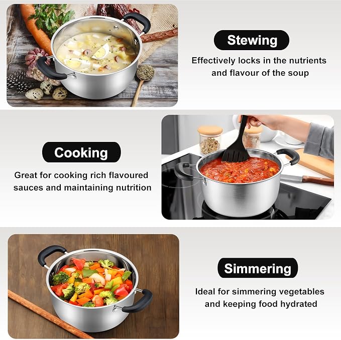 P&P CHEF 3 Qt Stockpot with Lid, Stainless Steel Stock Pot, 1-Ply Metal | Cooking Pot for Soup Pasta, Heat-Proof Double Handles with Visible Lid, Dishwasher Safe & Healthy Use