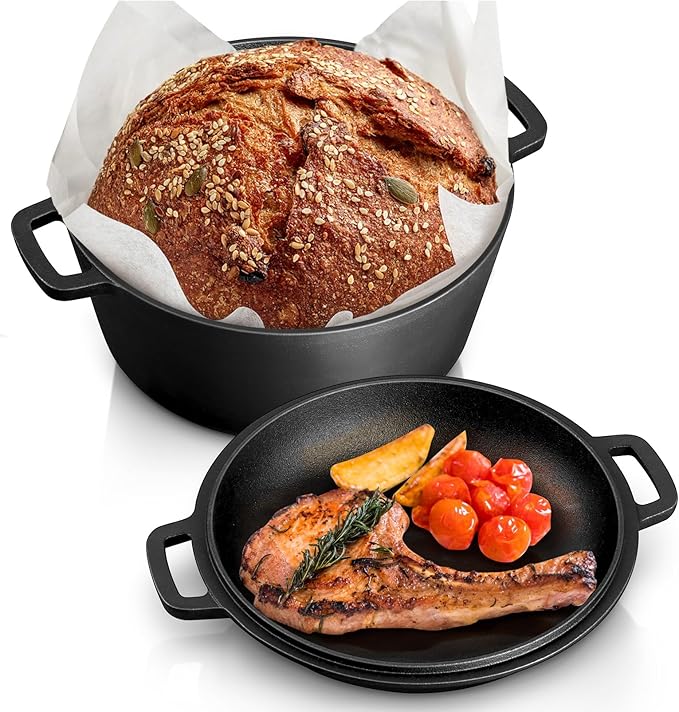 TeamFar 5qt Dutch Oven, Pre-seasoned Cast Iron for Bread Baking, Black | 2-in-1 Bread Pan with Skillet Lid, Oven & Stovetop Safe for Baking Frying Stewing Grilling, Home Use Or Outdoor Camping