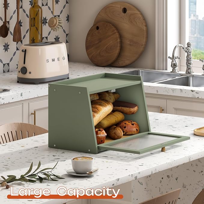 GHWIE Large Bread Box, Easy Access & Cleaning - Bamboo Bread Box for Kitchen Countertop with Acrylic Door (Green, Medium)