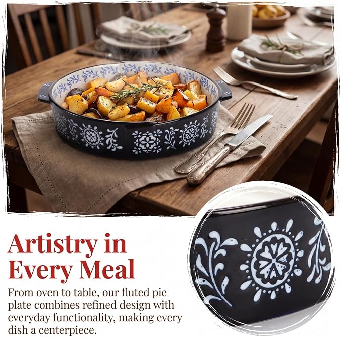 Covzoe 2 Pack Ceramic Pie Pan with Handle, 9 Inch Non-Stick Pie Plate | 44 Oz Deep Fluted Pie Dish for Baking, Pies, Quiche, Thanksgiving, Housewarming Gift, Microwave Dishwasher Safe