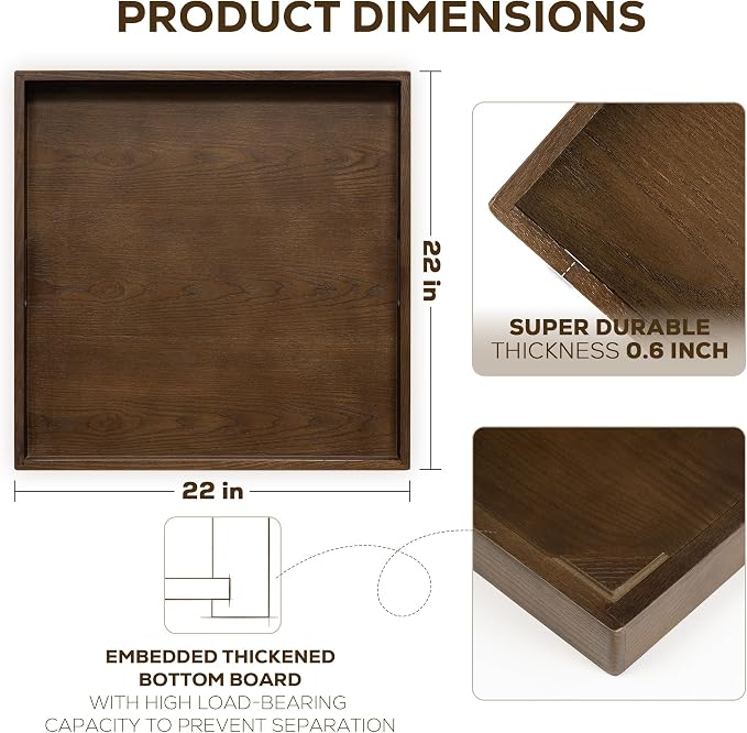 22 Inch Large Square Wooden Ottoman Tray for Living Room|Extra Large Serving Tray with Handles for Coffee Table, Breakfast|Decorative Wood Tray for Ottoman Couch Sofa Kitchen|Walnut