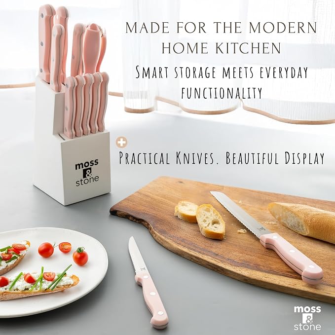 Moss & Stone Pink 14 Pcs Kitchen Knife Set with Block, Stainless Steel | Premium forged kitchen knives with high-carbon sharp blades, ergonomic handle, rust-resistant knife block set for home & chef