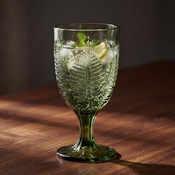 Green Glass Goblets Set of 4, Colored Wine Glasses, Vintage Fern Glassware | Hand-Pressed, Dishwasher Safe, Boho Leaf-Textured Drinkware, Embossed Stemware for Water, Cocktails, Retro Style Kitchen Gift
