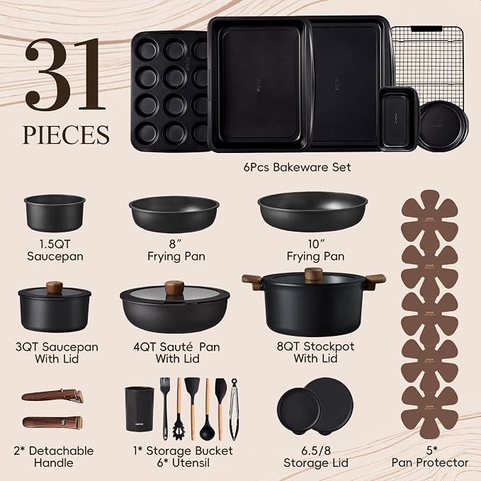 CAROTE 31pcs Pots and Pans Set Non Stick, Cookware Set Detachable Handle | Baking Pans Set, Induction Compatible, Dishwasher & Oven Safe, Space Saving, Camping Cooking Set, Kitchen Set, Black