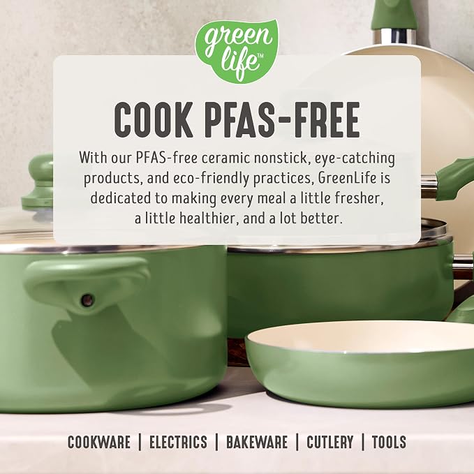 GreenLife 2QT Ceramic Nonstick Saucepan with Lid, Sage Green | PFAS-Free Ceramic Nonstick Coating, Soup Pot, Induction Ready, All Stovetop Compatible, Stay-Cool Handles, Dishwasher Safe