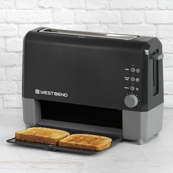 West Bend QuikServe Toaster, 2-Slice Wide-Slot Slide-Through Bread Toaster with Bagel and Gluten-Free Settings and Cool-Touch Exterior Fast Toasting, Includes Removable Serving Tray, 1400-Watts, Black